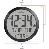 Round Digital Wall Clock, Digital, Battery Operated, 15" Dia., Black OR488 | O-Max