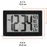 Self-Setting & Self-Adjusting Wall Clock with Stand, Digital, Battery Operated, Black O-Max
