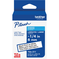 TZe-211 Laminated Tape for TZe-Compatible P-Touch Label Makers, Black on White, 0.23" Width O-Max