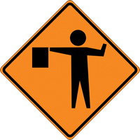 Tilt-Adjust Flagman Ahead Roll-Up Construction Sign, 36" x 36", Vinyl, Pictogram O-Max