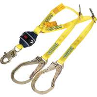 Twin-Leg Tie-Back Web Shock-Absorbing Lanyard, 4', Rebar Hook Center, Snap Hook Leg Ends, Polyester O-Max