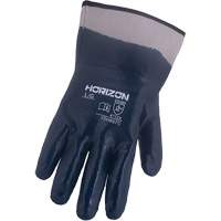 Gants bleu marine avec manchettes renforc&eacute;es &agrave; entoilage coll&eacute; Horizon, Moyen, R&ecirc;vetement Nitrile, Enveloppe en Jersey/Coton O-Max