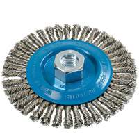 Brosse &agrave; fils &eacute;troits nou&eacute;s et torsad&eacute;s, Dia. 5", Fils 0,02", Arbre 5/8"-11, Aluminium/Acier inoxydable O-Max