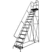 Escabeaux roulants &agrave; dessus profond, 13 marches, Largeur de la marche 24", Hauteur de la plateforme 130", Acier O-Max
