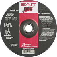 Depressed Center Cut-Off Wheel, 7" x 0.045", 7/8" Arbor, Type 27, Aluminum Oxide, 8500 RPM O-Max
